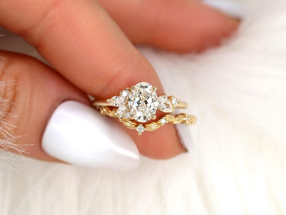 1ct Wisteria & Mega Gaia 14kt Diamond Cluster Bridal Set,Art Deco Floral Engagement Ring Set,Unique Oval Cut Wedding Rings,Anniversary Ring