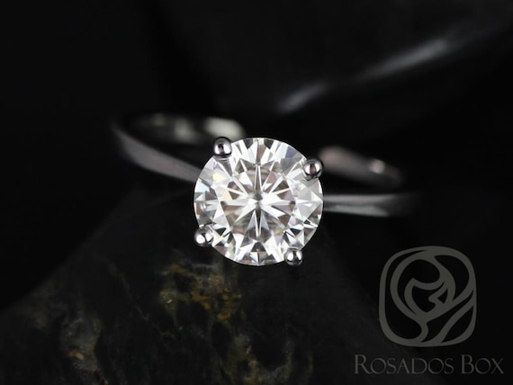Ready to Ship 2ct Skinny Flora 8mm 14kt White Gold Moissanite GHI Dainty Minimalist Cathedral Solitaire Round Engagement Ring