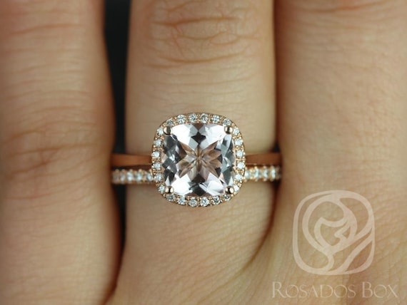 Ready to Ship Roxie 8mm 14kt Rose Gold Cushion Morganite Diamond Dainty Micropave Cushion Halo Bridal Set