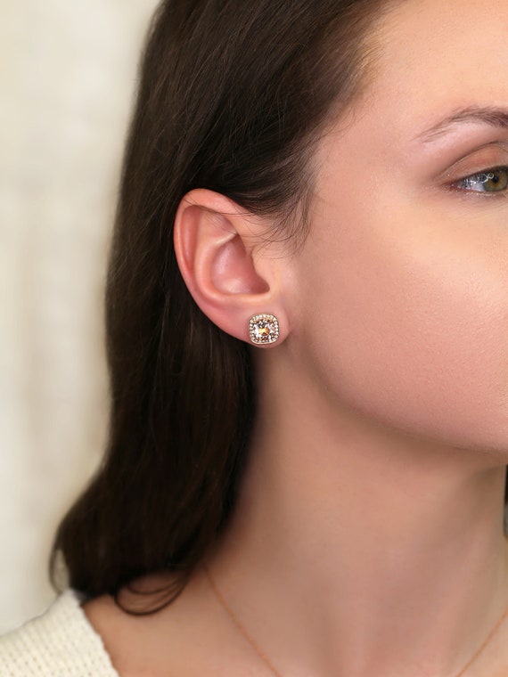 Ready to Ship Rheine 8mm 14kt Rose Gold Morganite Diamond WITH Milgrain Cushion Halo Stud Earrings,Morganite Earrings,Art Deco Halo Earrings