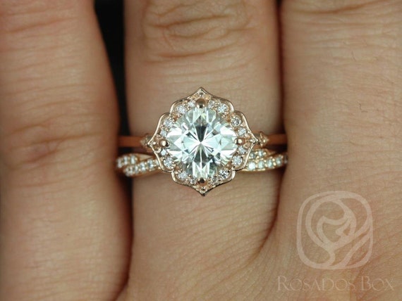 1.70ct Lily 7mm & Twyla 14kt Moissanite Diamond Compass Set Cushion Halo Bridal Set,Unique Halo Ring,Cushion Halo Engagement Ring