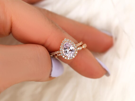1.83ct Tabitha & Christie 14kt Rose Gold Blush Champagne Sapphire Diamond Halo Bridal Set,Art Deco Wedding Rings,Unique Sapphire Halo Ring