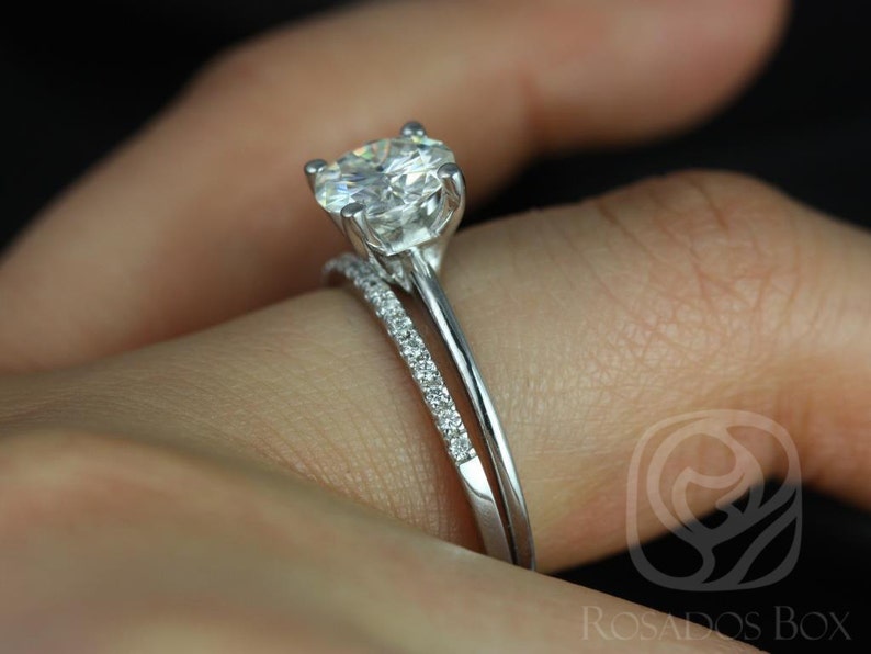 1.50ct Skinny Alberta 7.5mm & Dia Barra 14kt White Gold Moissanite Diamonds Dainty Round Solitaire Wedding Set Ring image 5
