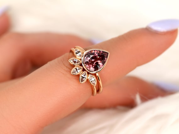 3.44ct Ready to Ship Isla & Petunia 14kt Rose Gold Pear Raspberry Zircon Bezel Petal Bridal Set,Unique Wedding Ring,Anniversary Gift