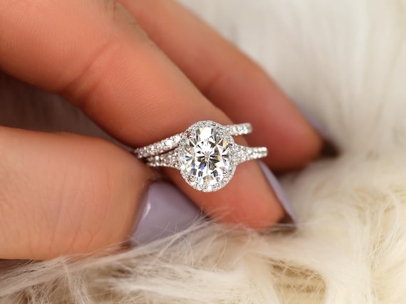 2ct Clarise 9x7mm 14kt Moissanite Diamond Mermaid Split Shank Bridal Set,Unique Wedding Ring,Oval Bridal Ring,Oval Halo Engagement Ring