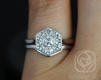 Mosaic Medio 14kt WITH Milgrain Diamond Hexagon Cluster Ring Bridal Set,Art Deco Wedding Ring,Hexagon Solitaire,Anniversary Gift,Unique Ring