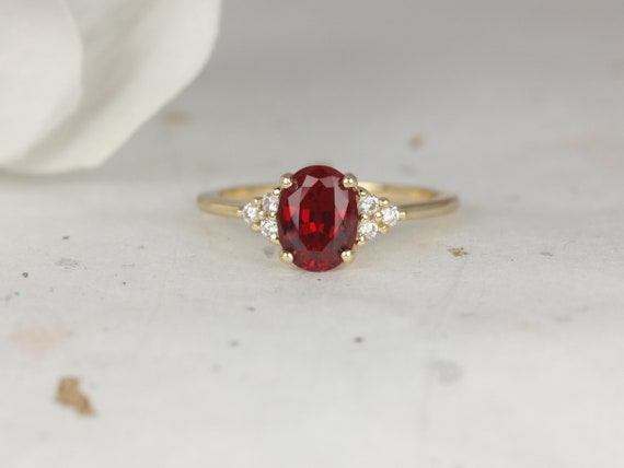 Juniper 8x6mm 14kt Gold Ruby Diamonds Dainty Oval Cluster 3 Stone Engagement Ring