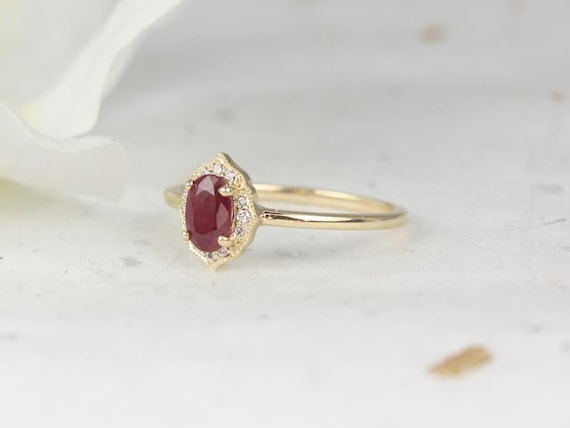 Mini Mae 6x4mm 14kt Gold Ruby Diamond Dainty Art Deco Oval Halo WITH Milgrain Ring