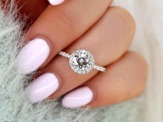 1ct Callie 6.5mm 14kt White Gold Forever One Moissanite Diamond Dainty Pave Round Halo Engagement Ring,Pave Diamond Ring