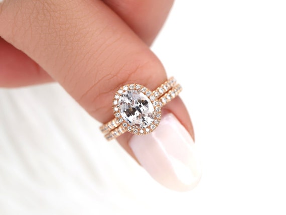 2.03ct Ready to Ship Chantelle 14kt Rose Gold Peach Sapphire Diamond Oval Halo Bridal Set,Oval Halo Ring,Unique Sapphire Ring,Anniversary