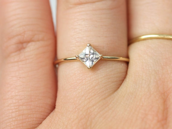 Ultra Petite Kelsey 14kt Gold White Sapphire Stacking Ring,Pinky Ring,Gift for Her,Unique Ring,Sapphire Solitaire Ring,Princess Cut Ring