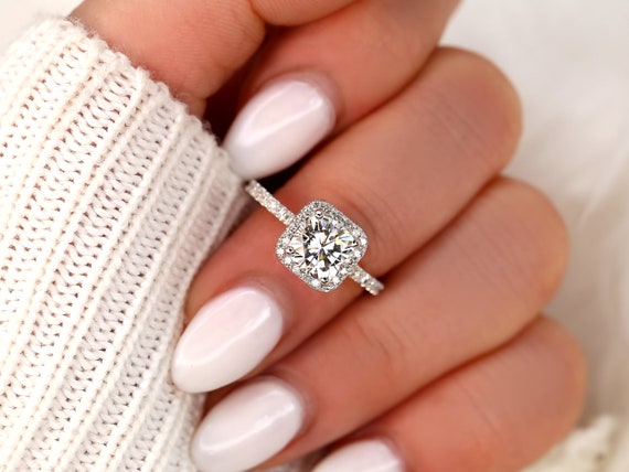 SALE 1.70ct Ready to Ship Pernella 7mm 14kt White Gold FB Moissanite Diamonds Pave Cushion Halo Ring,Cushion Engagement Ring,Moissanite Ring