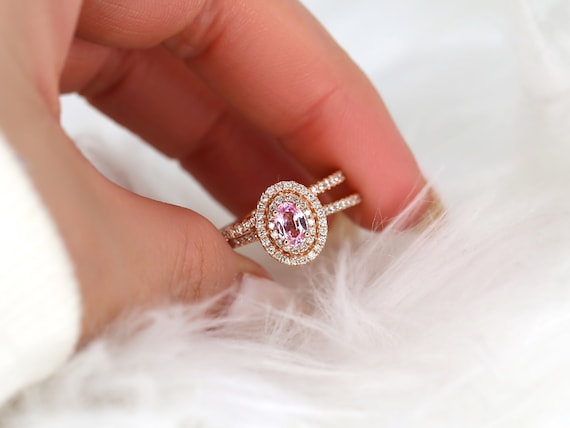 Cara 6x4mm 14kt Rose Gold Raspberry Sapphire Diamonds Dainty Double Halo Bridal Set,Oval Halo Ring,September Birthstone,Anniversary Gift
