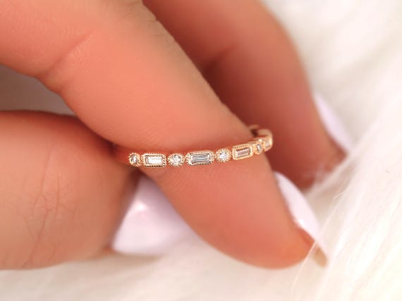 Ivanna 14kt Round & Baguette Diamonds WITH Milgrain HALFWAY Eternity Ring,Art Deco Wedding Ring,Vintage Diamond Ring,Anniversary Ring