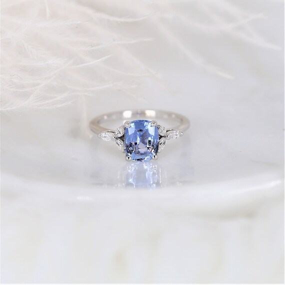 1.77ct Ready to Ship Geneva 14kt White Gold Cornflower Lavender Sapphire Diamond 3 Stone Cushion Ring,Dainty Cluster Ring