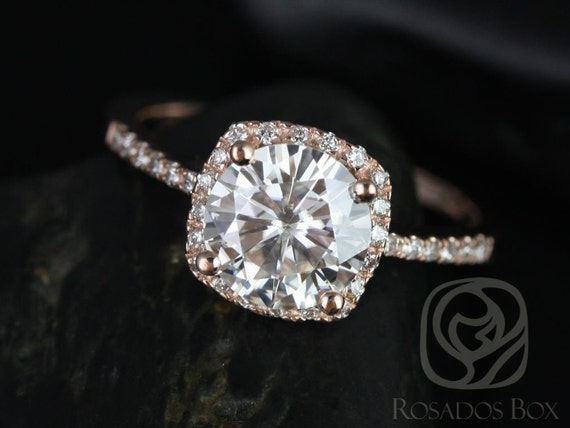 Ready to Ship Barra 8mm 14kt WHITE Gold Round Forever One Moissanite Diamonds Thin Cushion Halo Diamond Engagement Ring