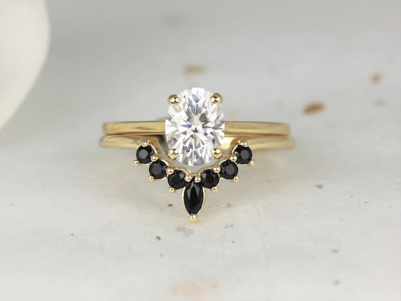 1.50cts Delia 8x6mm & Marjorie 14kt Gold Moissanite Onyx Oval Solitaire Bridal Set,Oval Solitaire Ring,Art Deco Wedding Ring,Unique Ring