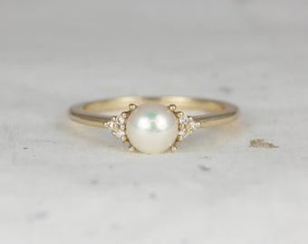 Mio 6mm 14kt Solid Gold Pearl Sapphire Dainty Cluster 3 Stone Ring,June Birthstone Gift,Promise Ring,Anniversary Ring