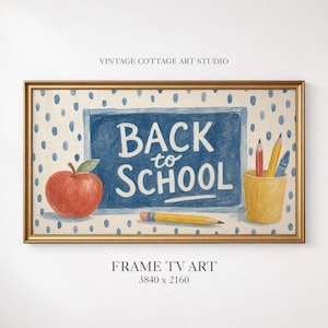 May include: A framed digital art print featuring a blue chalkboard with the white text BACK TO SCHOOL. The scene includes a red apple, a yellow pencil, and a yellow cup containing a red pencil, a yellow pencil, and a blue crayon on a dotted background.