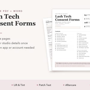 Puede incluir: Un conjunto de 24 formularios de consentimiento para técnicos de pestañas rellenables en formato PDF y Word. El documento incluye una tabla de contenidos con formularios de admisión, consentimiento y cuidados posteriores. Texto: Lash Tech Consent Forms.