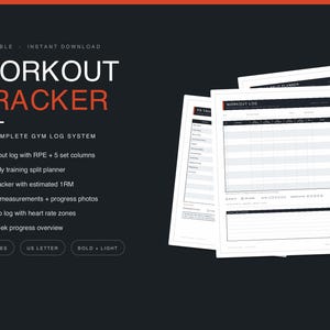Puede incluir: Un sistema de seguimiento de entrenamiento imprimible con páginas blancas, texto negro y diseños de cuadrícula. El texto dice WORKOUT TRACKER, THE COMPLETE GYM LOG SYSTEM, y enumera funciones como un registro de ejercicios y un planificador.
