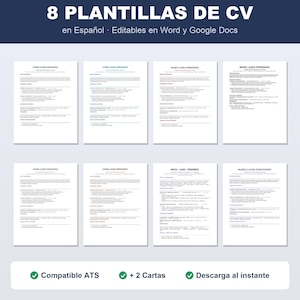 Plantilla CV Español Editable Word | 8 Diseños Curriculum Vitae ATS + 2 Cartas de Presentación | Descarga Instantánea Google Docs