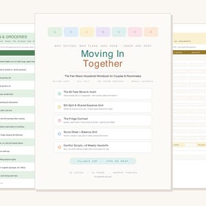 May include: A digital household workbook titled Moving In Together, featuring a white cover with pastel colored tabs, a list of tasks, and a bill-split grid. The pages include sections for a move-in audit, fridge contract, and score sheets for shared chores.