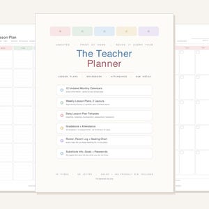 Puede incluir: Una plantilla de planificador para docentes digital que incluye una página de portada con el título The Teacher Planner, secciones para planes de lecciones, registro de notas, asistencia y notas, junto a dos páginas de planificación semanal.
