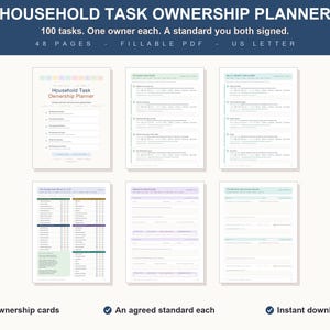 Puede incluir: Un planificador digital de tareas domésticas de 48 páginas en formato carta estadounidense. El documento incluye una portada, listas de tareas y hojas de seguimiento con campos rellenables. El texto incluye Household Task Ownership Planner.