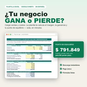 Entrepreneur Cash Flow Template | Sales, Cost, and Margin Tracking | Break-Even Point | Google Sheets Excel (Spanish) | Small Business