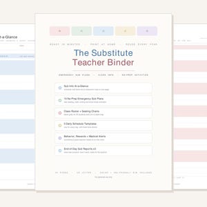Puede incluir: Un documento imprimible de carpeta para profesor sustituto que presenta una página central con el título The Substitute Teacher Binder, listas de secciones incluidas como Emergency Sub Plans y dos páginas laterales con plantillas.