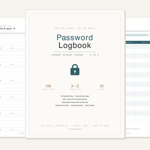 Könnte beinhalten: Ein Passwort-Logbuch mit cremefarbenem Hintergrund und dunkelblaugrünem Text. Das Cover zeigt ein Schloss-Symbol, den Titel Password Logbook und Details wie 156 Kontoslots, A-Z-Registerseiten und 35 Seiten. Die Innenseiten zeigen Felder für Websites.
