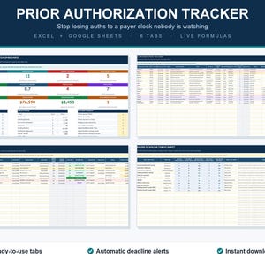 Puede incluir: Una plantilla de hoja de cálculo digital Prior Authorization Tracker que incluye un panel de control, seguimiento de autorizaciones, registro de denegaciones y apelaciones, y una hoja de plazos. Contiene seis pestañas.