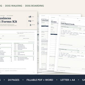 Puede incluir: Un kit de formularios para negocios de mascotas con 18 documentos y 24 páginas para cuidado, paseo y alojamiento de perros. Incluye contratos de servicio, fichas de clientes, facturas y tarjetas de informe de visitas.