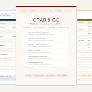 Puede incluir: Un conjunto de páginas imprimibles para archivador tituladas Grab & Go, The Disaster-Ready Family Document Binder. Las páginas incluyen listas de verificación para documentos de identidad, inventario, planes de evacuación y reclamaciones de seguros.