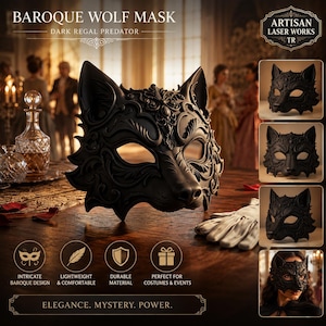 Könnte beinhalten: Eine schwarze Wolfsmaske mit komplizierten, geprägten Mustern im Barockstil, spitzen Ohren und mandelförmigen Augenöffnungen. Die Maske wird zusammen mit einem Paar weißer Handschuhe präsentiert, wobei zusätzliche Ansichten die Maske aus verschiedenen Blickwinkeln zeigen.