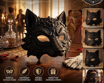 Baroque Wolf Mask, Black Wolf Masquerade Mask, Wearable 3D Printed Costume Mask, Gothic Venetian Mask, Halloween Cosplay Mask, Fantasy Wolf