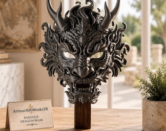 Baroque Dragon Mask, Wearable Dragon Mask, Fantasy Cosplay Mask, 3D Printed Dragon Mask, Gothic Costume Mask, Oni Mask