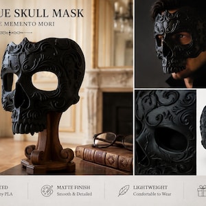 May include: A black skull mask featuring intricate baroque-style scrollwork and a matte finish. The mask is 3D printed from PLA material. It includes large eye openings and detailed teeth, presented on a wooden stand and worn on a face.