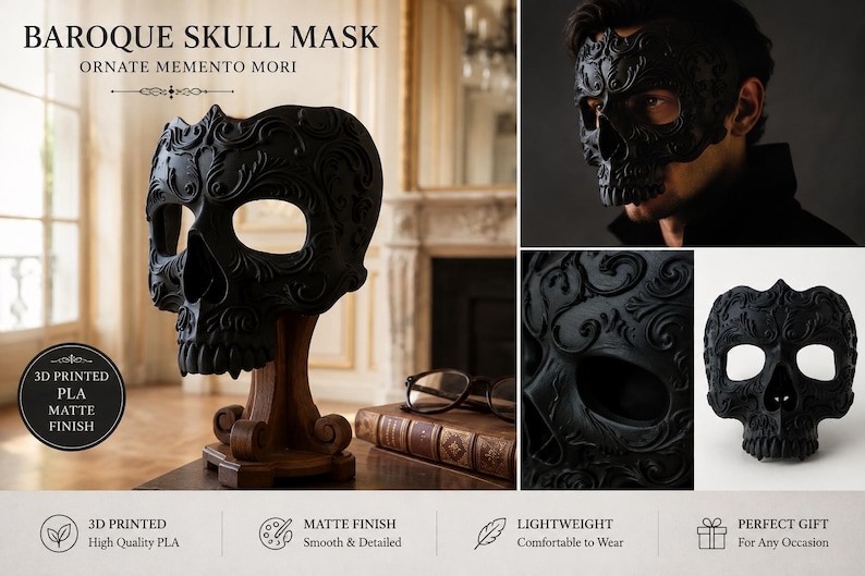 May include: A black skull mask featuring intricate baroque-style scrollwork and a matte finish. The mask is 3D printed from PLA material. It includes large eye openings and detailed teeth, presented on a wooden stand and worn on a face.