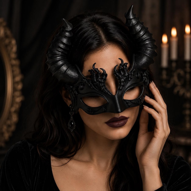 May include: A black masquerade mask featuring large, textured, curved horns extending from the sides and intricate, claw-like detailing around the eye openings. The mask has a matte finish and covers the upper portion of the face.