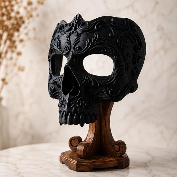 Ornate Black Skull Mask, Gothic Venetian Masquerade Mask, 3D Printed Skull Face Mask, Halloween Costume, Gothic Home Decor