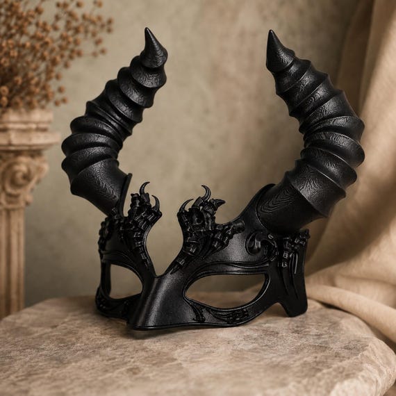 Black Horned Mask, Gothic Demon Mask, Devil Costume Mask, Halloween Cosplay Mask, Fantasy Masquerade Mask, Dark Gothic Costume