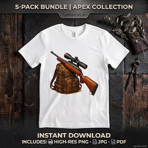 Könnte beinhalten: Ein weißes T-Shirt mit einem Grafikdruck eines braunen taktischen Rucksacks, auf dem ein Repetiergewehr mit schwarzem Zielfernrohr liegt. Der Text 5-PACK BUNDLE | APEX COLLECTION und ApexVectorLab ist oben und unten im Bild zu sehen.