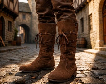 Botas medievales de ante, estilo vikingo con cordones, calzado rústico de fantasía estilo cottagecore renacentista.