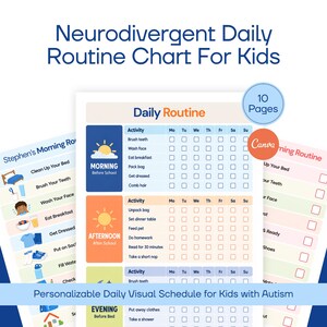 神経発達障害児向け日課表、ADHD/自閉症向け視覚スケジュール、編集可能なCanvaテンプレート、朝寝る前の家事表