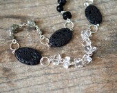 Assymetric stone necklace Crystal quartz nugget necklace Black volcanic lava necklace Long silver chain necklace Raw pyrite Stone jewelry