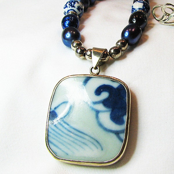 Cobalt blue pearl necklace Blue white Chinese porcelain pendant Single strand necklace Sterling silver Pearl jewelry Beaded jewelry.