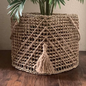 May include: A large, natural woven basket with a diamond pattern and tassels. The basket is filled with a potted green palm plant.
