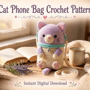 Puede incluir: Un bolso de ganchillo para teléfono con forma de gato, cabeza lavanda, cuerpo color crema y collar turquesa con un pequeño cascabel plateado. El bolso tiene una correa larga color crema y lleva el texto Cat Phone Bag Crochet Pattern.